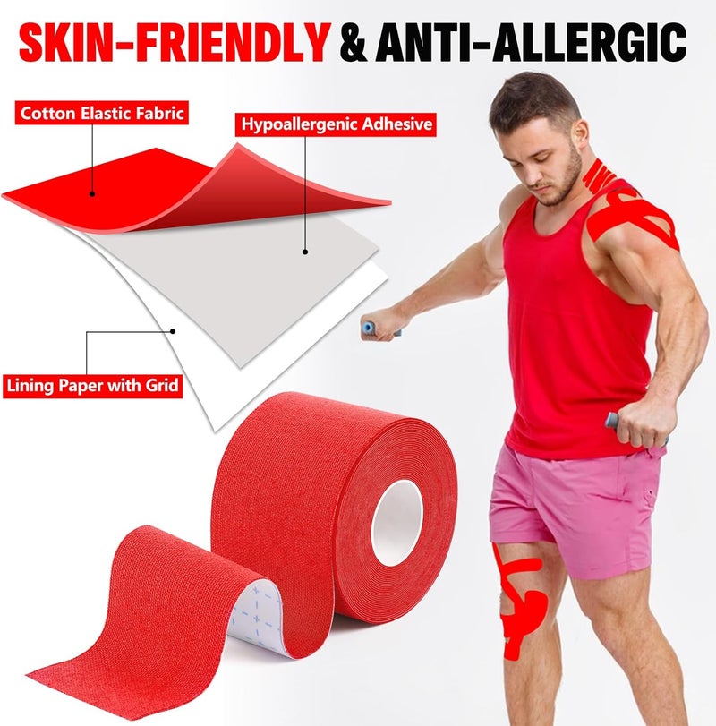 NUITPY 5 Rolls Kinesiology Tape, 2 inch x 16.4 Feet Waterproof Athletic Tape, Uncut Kinetic Tape, Muscle Tape, Sports Tape, Knee Tape for Exercise and Daily Use - Red - Image 3